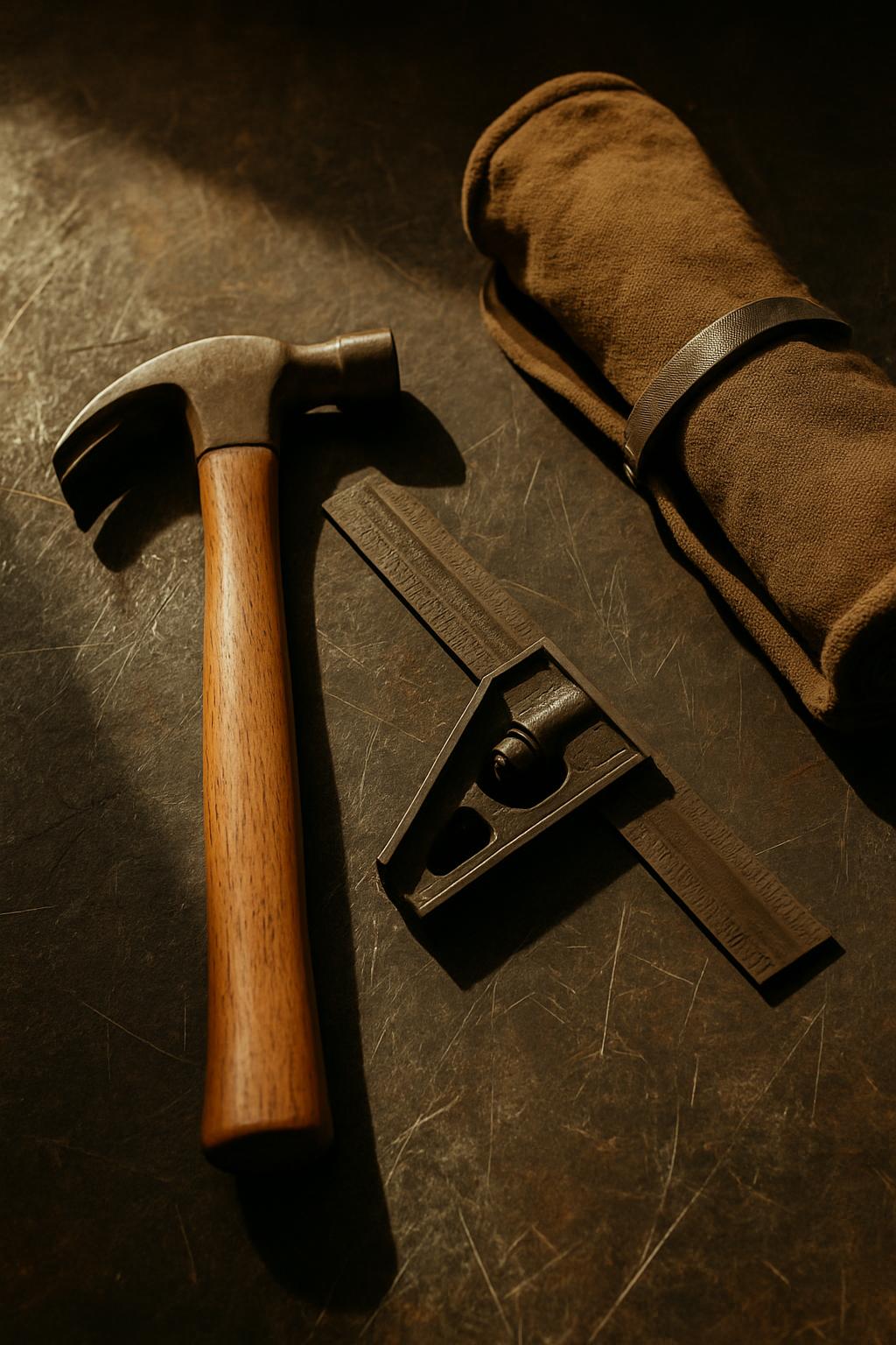 Hammer, combination square and canvas tool roll on a scarred steel bench