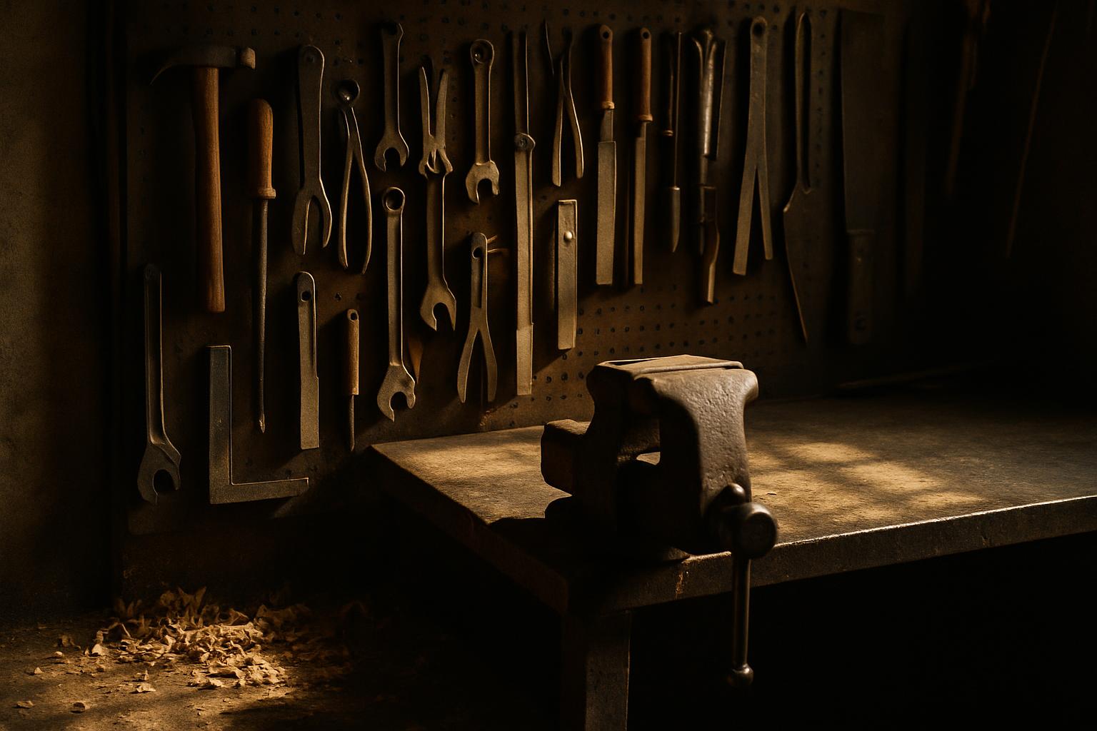 Shop corner with a pegboard wall, a bench vice and shavings on the floor